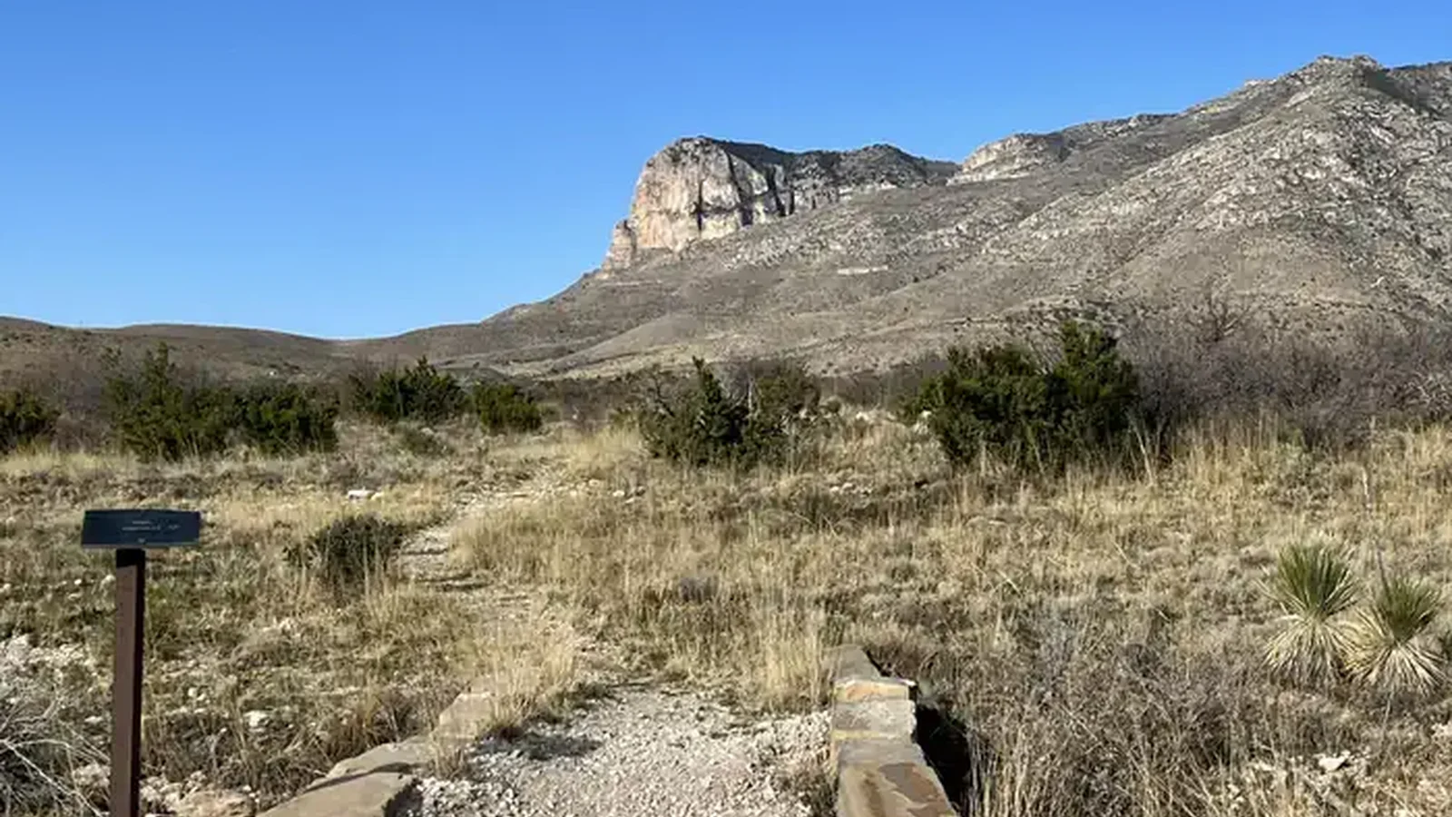 Foothills trail leading away form the Frijole Horse Corral Campground.  El Capitan mountain is visible in the background.