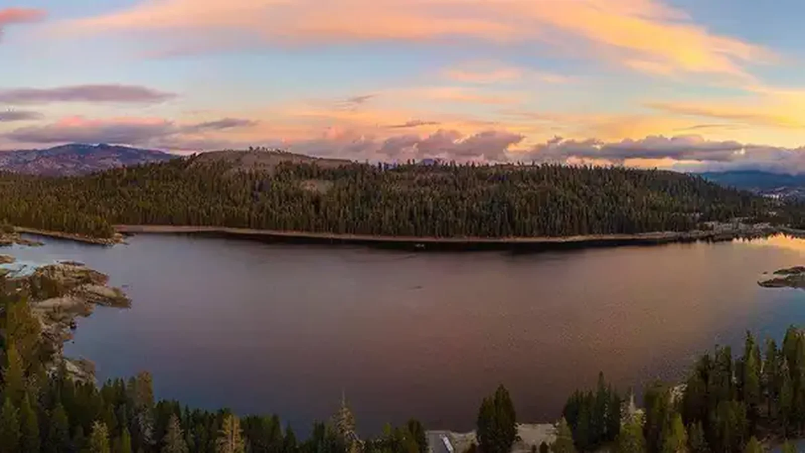 Aerial view of Lake Alpine and surrounding area