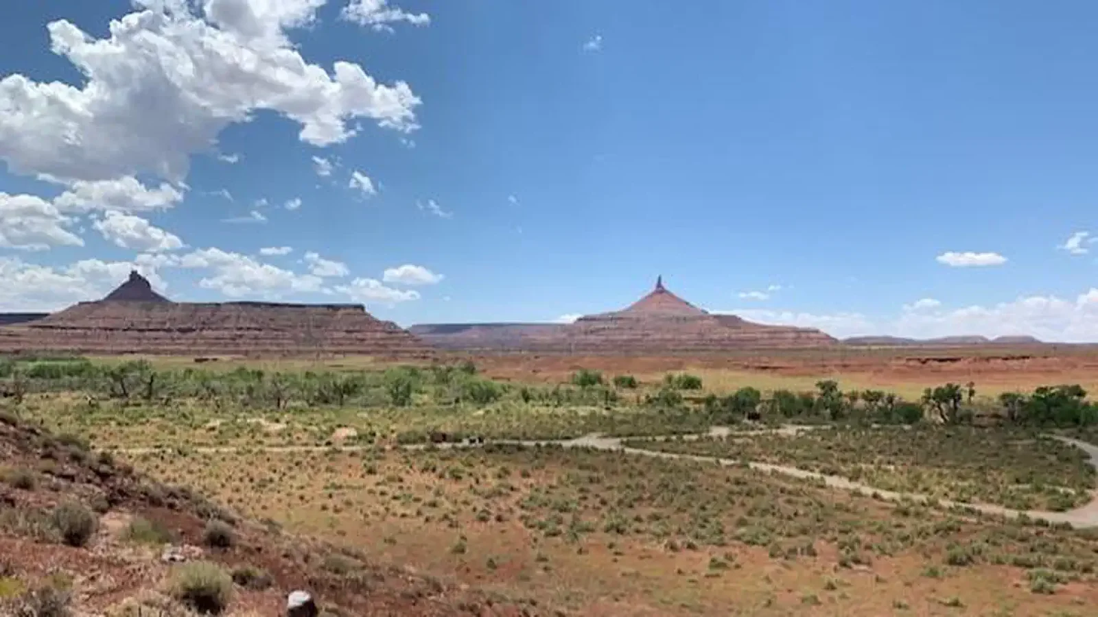 Panoramic view of the desert campground with a ribbon of cottonwood trees