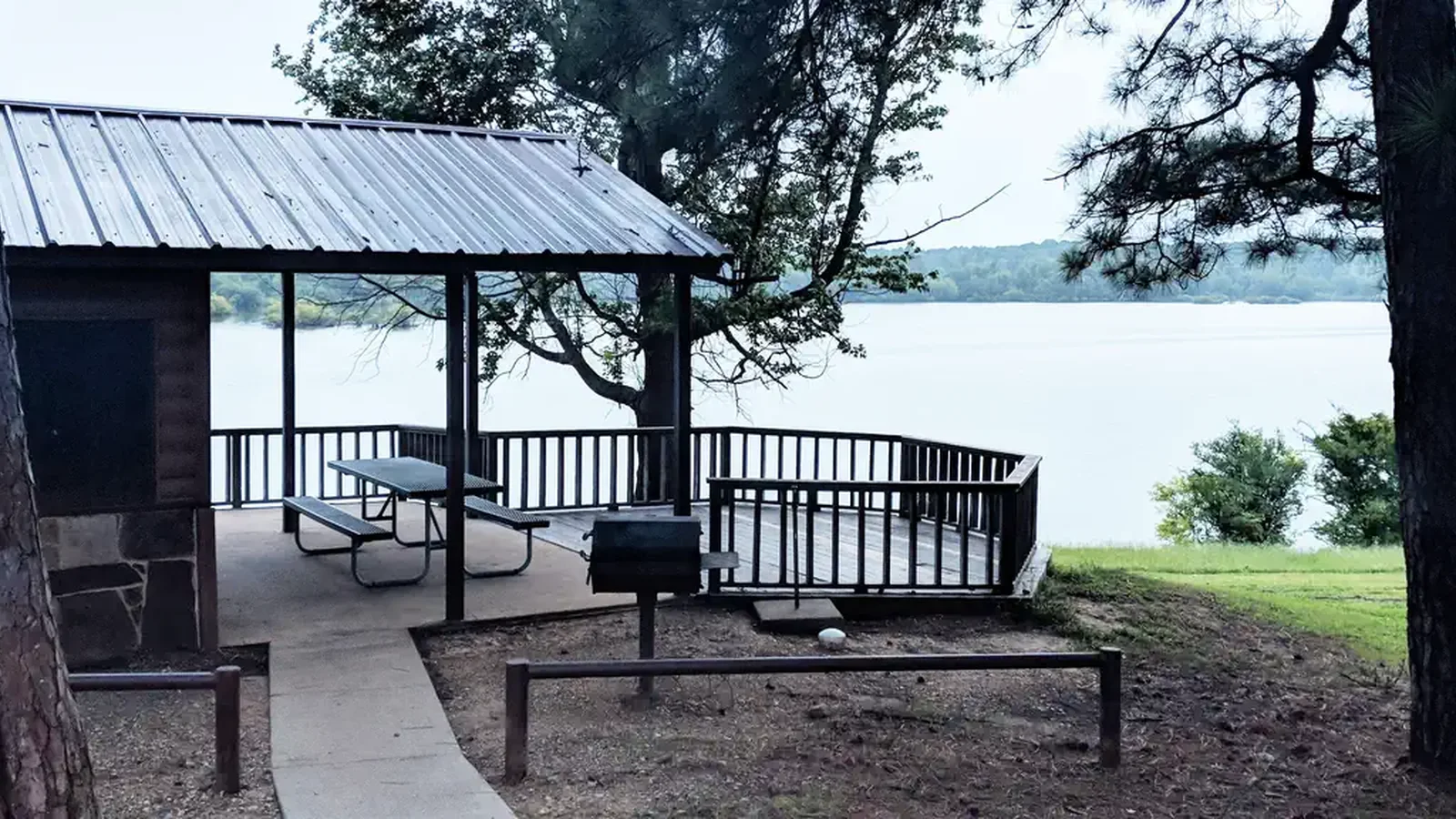 Screened shelter in Clear Springs Campground overlooking Wright Patman Lake.
