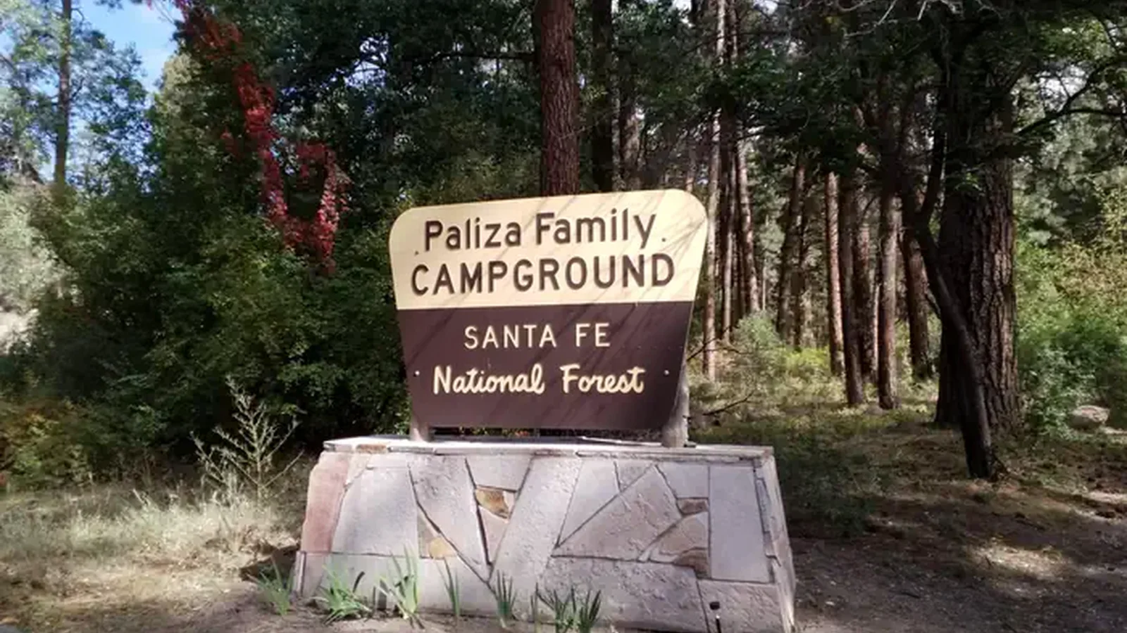 The entrance sign of Paliza Family campground surrounded by pines in the background.