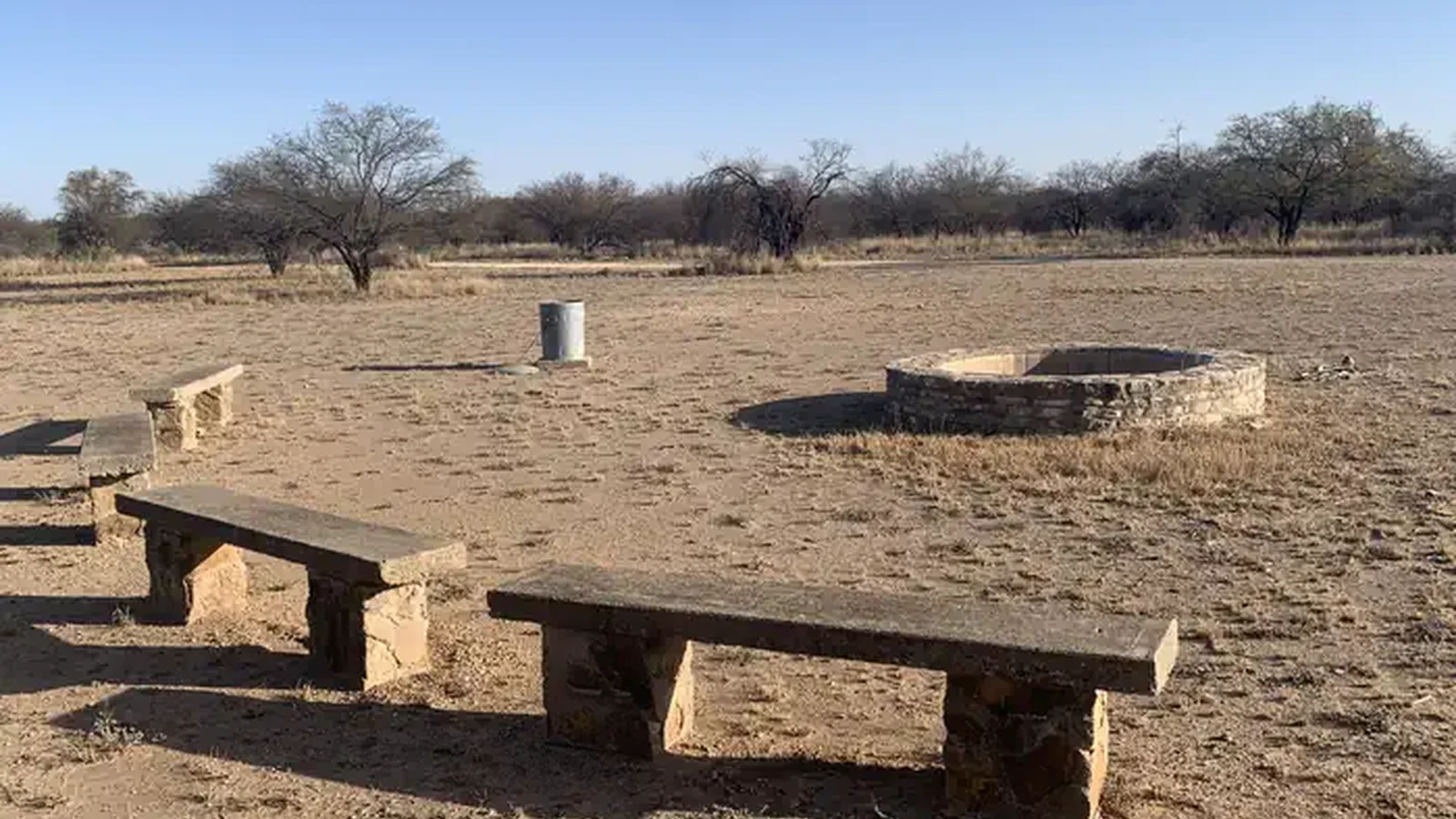San Pedro Group Campground fire ring and benches