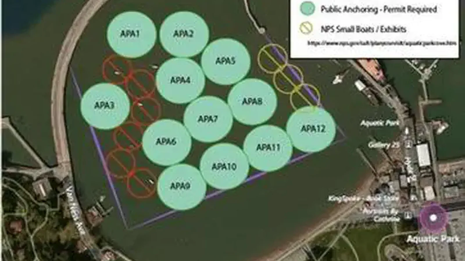 Graphic map of Aquatic Park Cove showing circles or suggestions where boats might anchor.