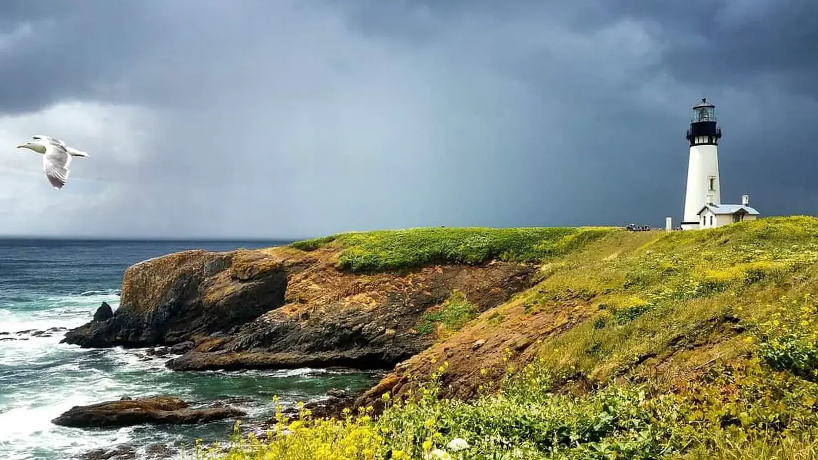 A bird flies in front of a lighthouse during a storm.