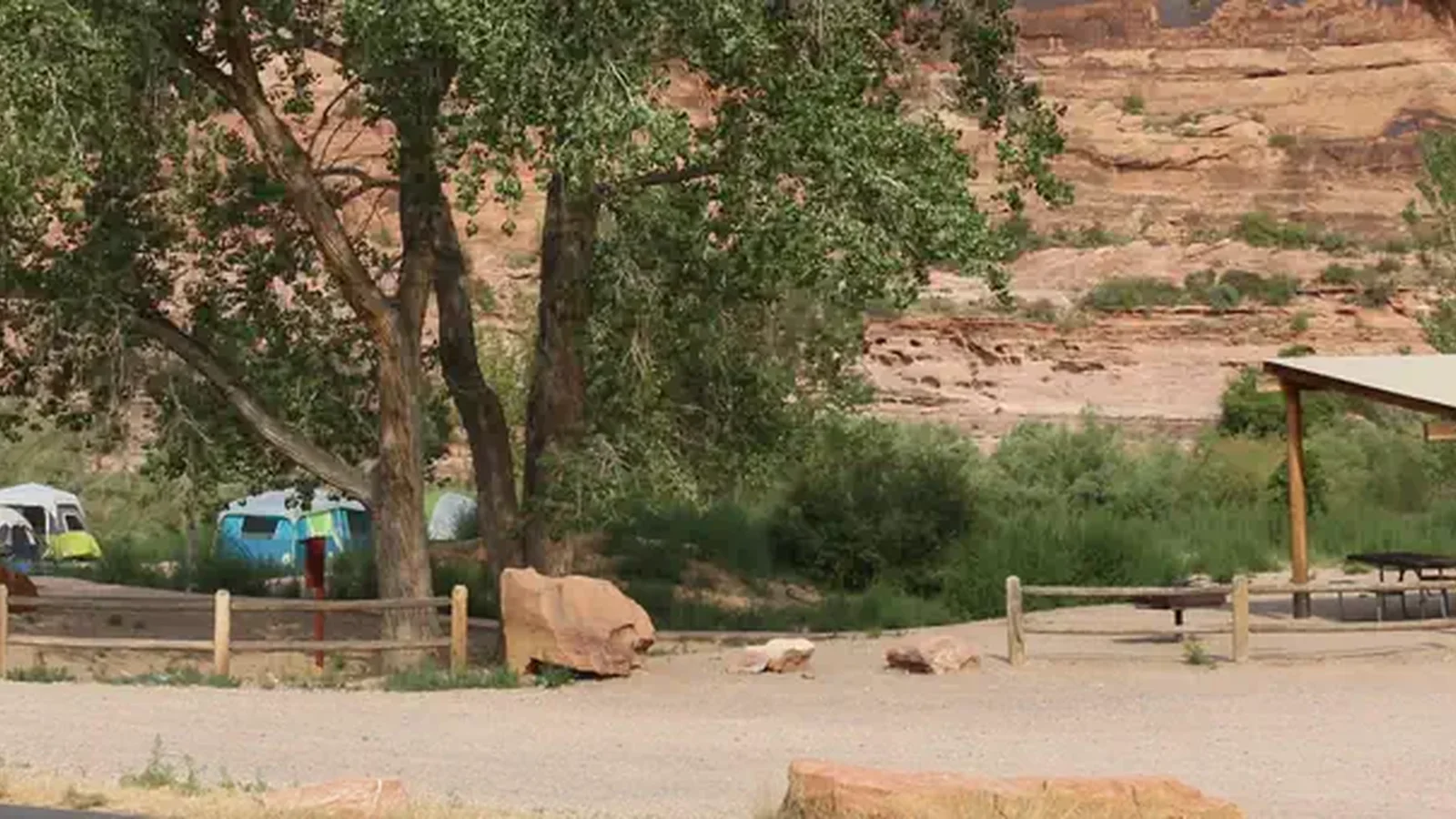 Group Site A & B at the Goose Island Campground including shade shelters, large cottonwood tree, and red rock cliffs behind.
