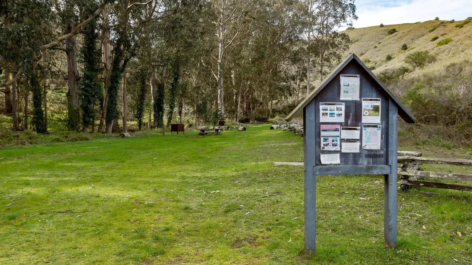 A bulletin board with signs in a meadow. Picnice tables and food lockers are in the background. The campground is lined with trees.