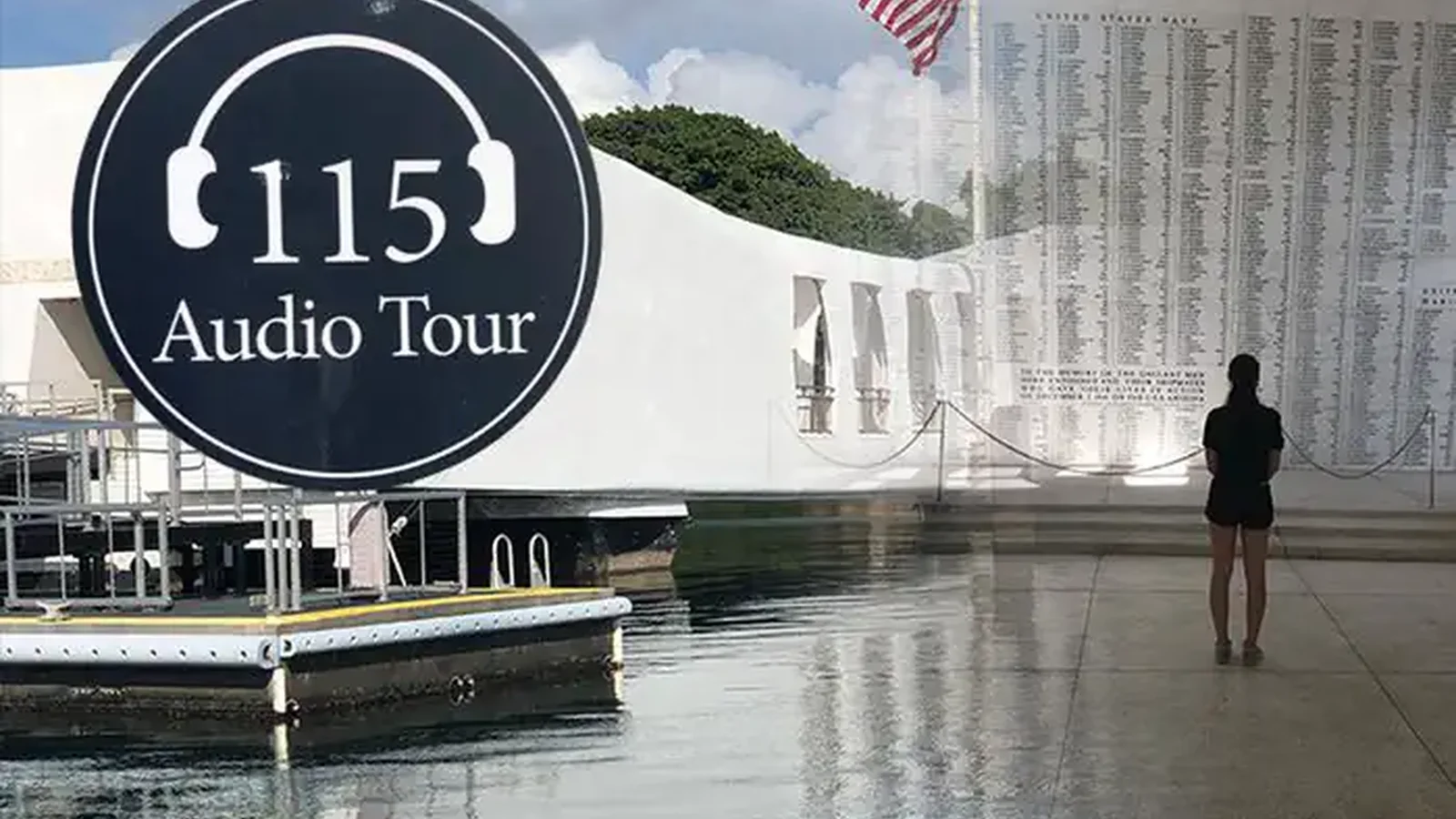 A Visitor stands in the Shrine Room of the Arizona Memorial with an Audio Tour icon.