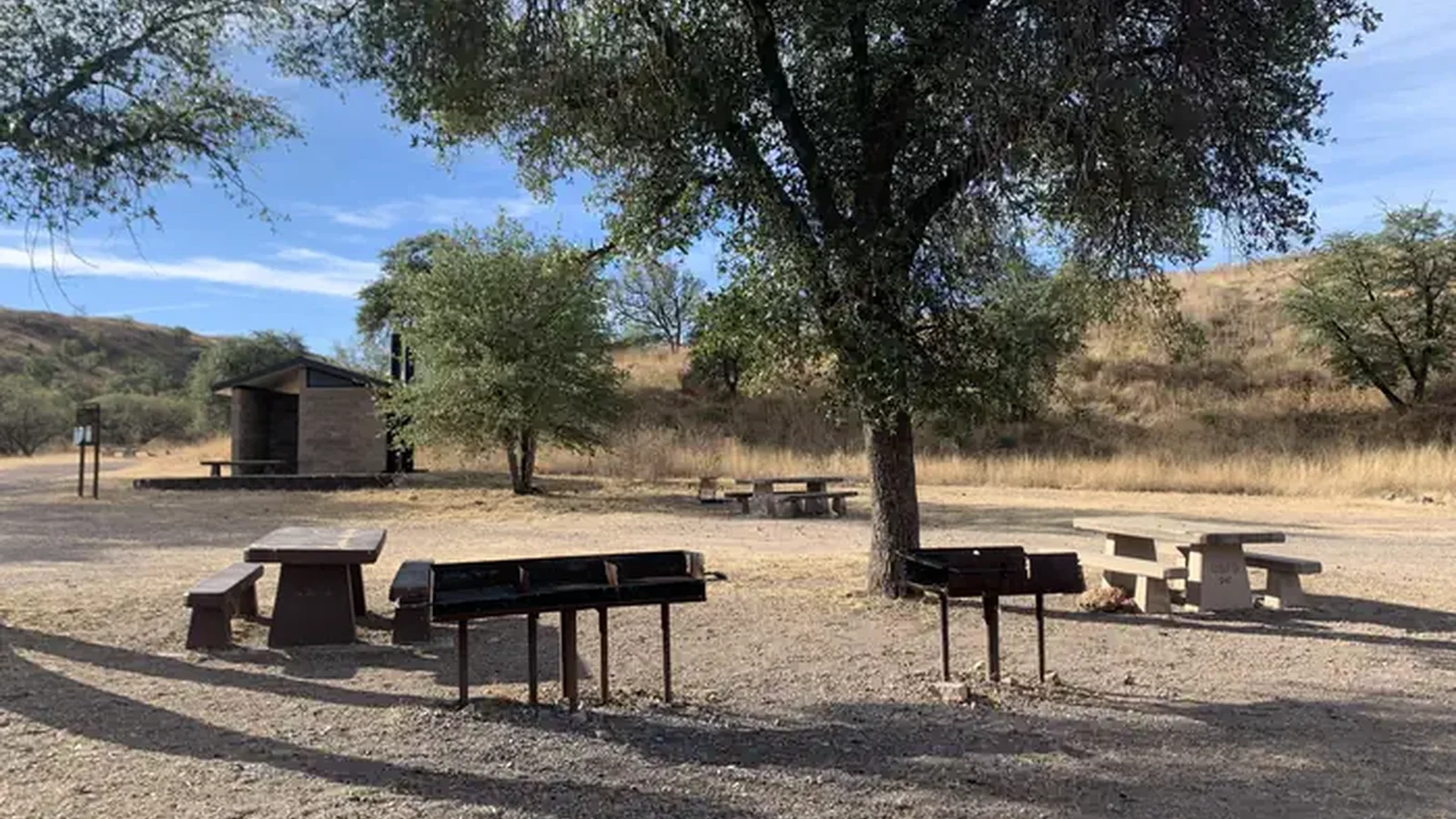 Campground with tables, grills and a pit toilet. Sparse trees and a dry, grassy ecosystem