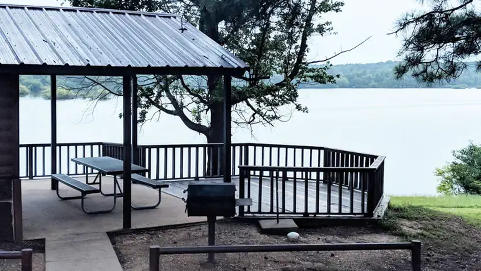 Screened shelter in Clear Springs Campground overlooking Wright Patman Lake.