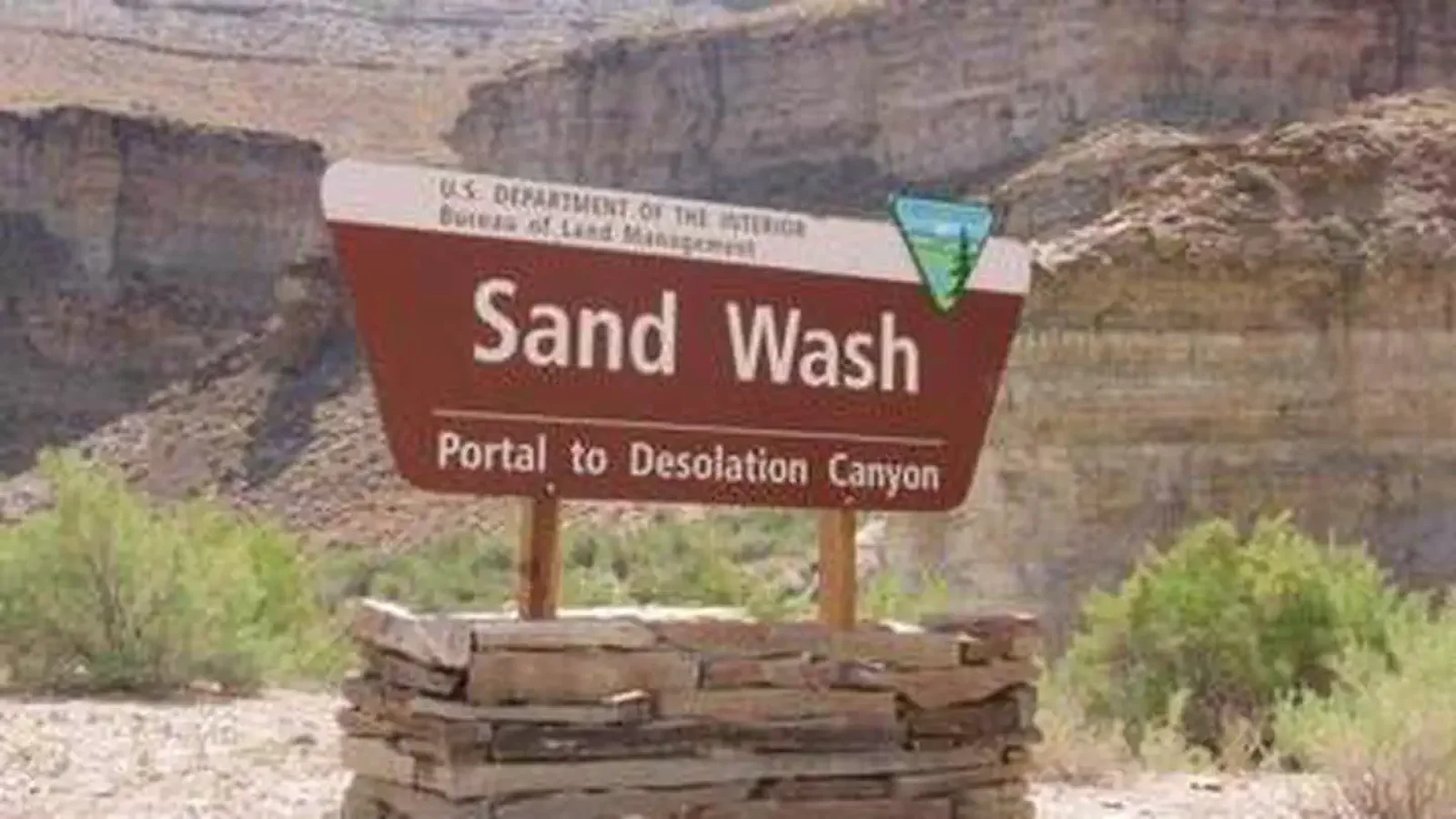 Bureau of Land Management brown portal sign for Sand Wash Portal to Desolation Canyon
