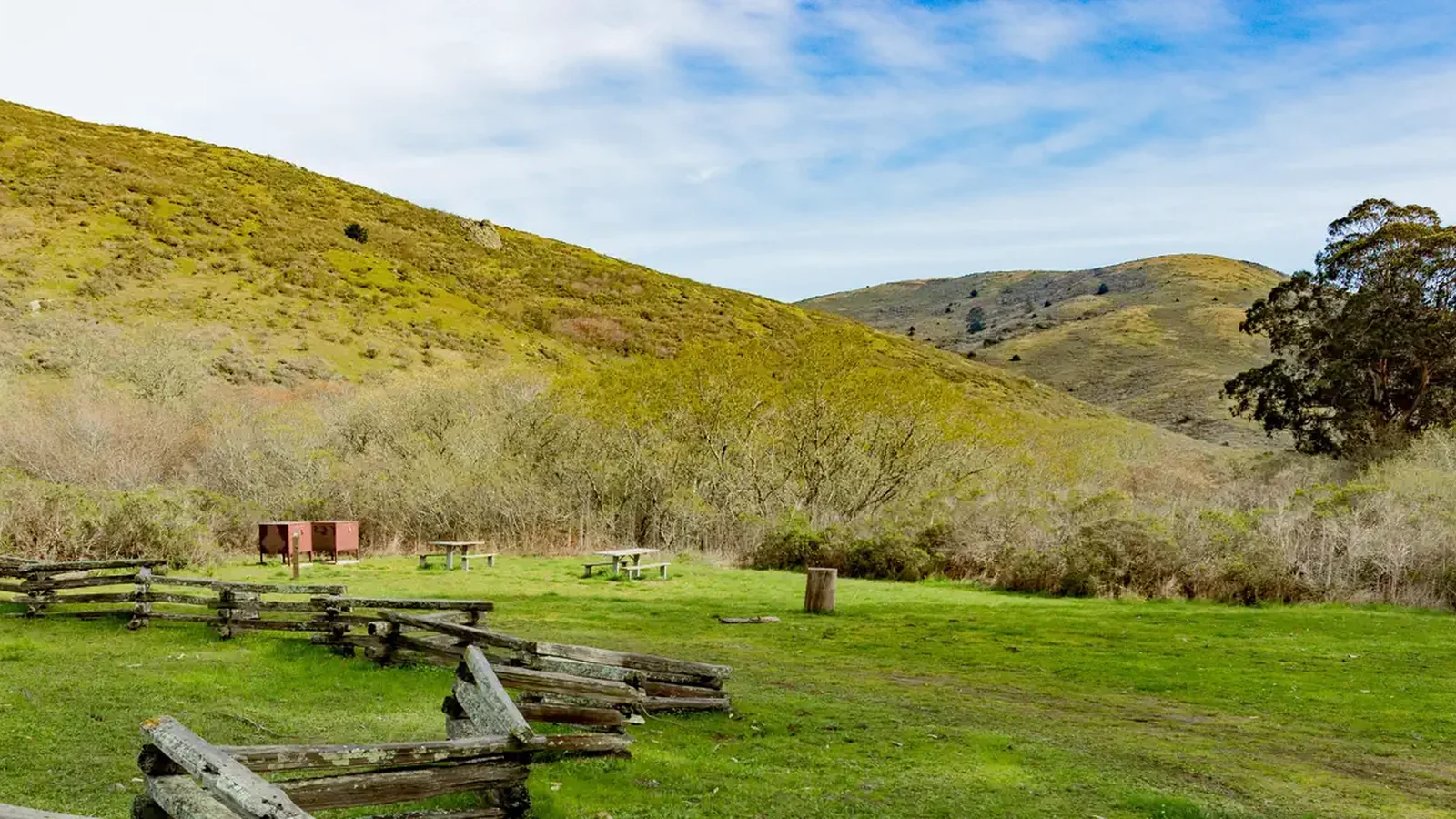 An image of a grassy meadow 2 picnic tables and bear lockers, and green hills in the distance.