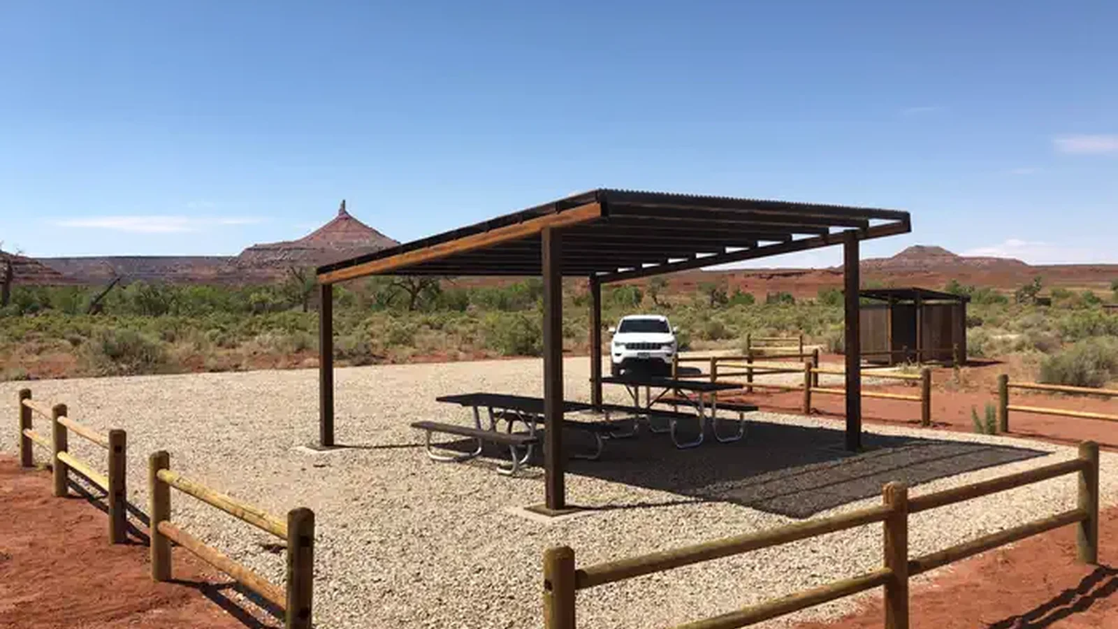 Superbowl Group Site shade structure with Six Shooter Peak in background