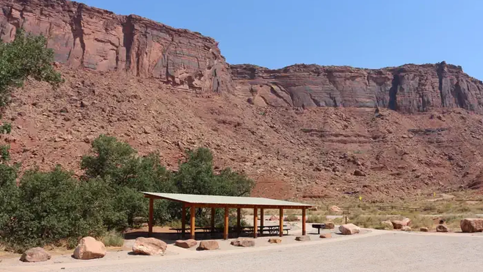 Big Bend Campground Group Campsite A shade structure and picnic tables