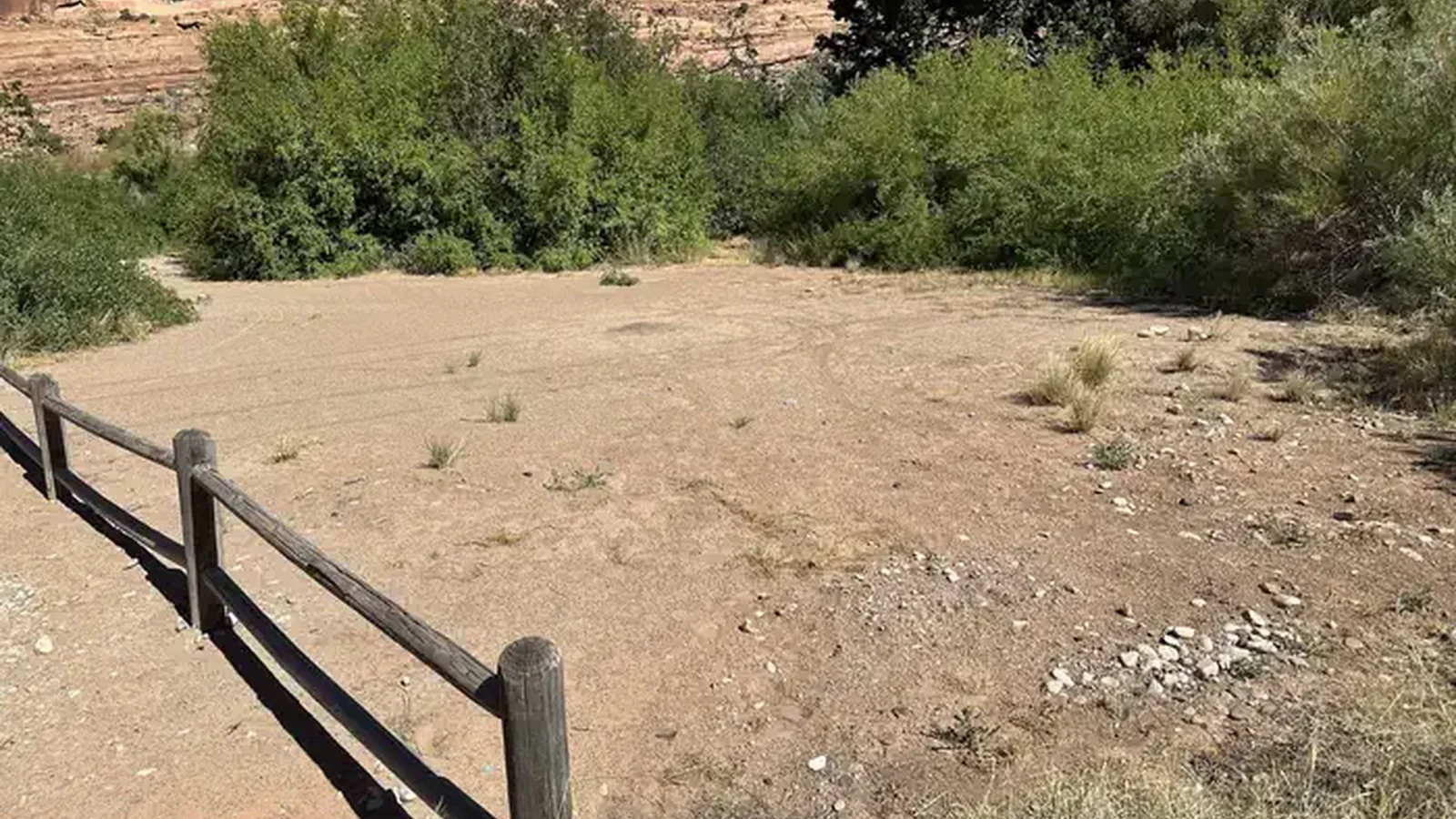 Kings Bottom Group Site has a wide tent space for several tents based on tent size. The surface is flattened gravel and sand and is surrounded by tall vegetation.